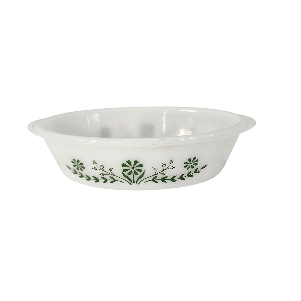 Vintage Glasbake Milk Glass Oval Casserole Dish Green Daisy Floral J-535 USA